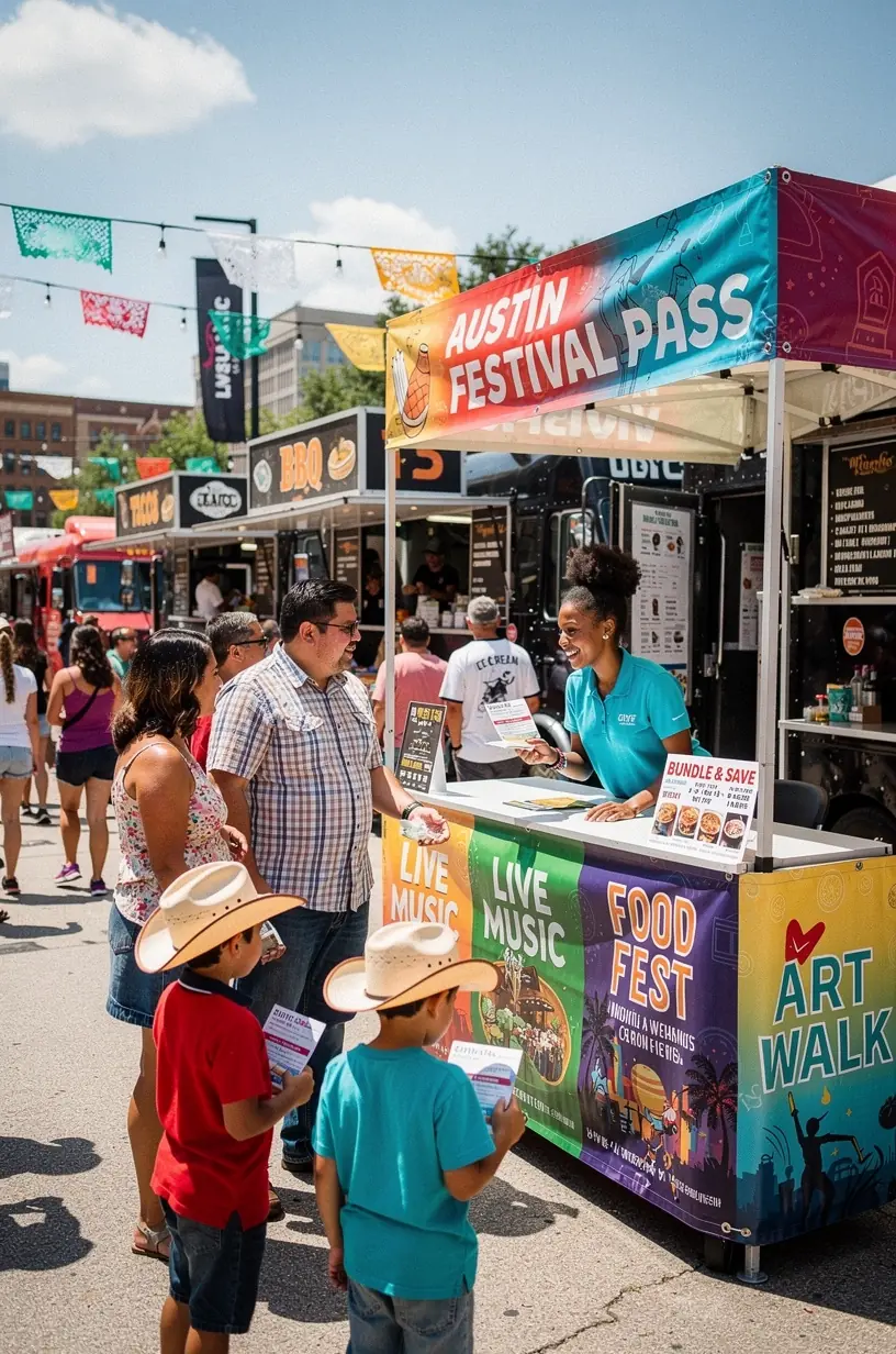 Яркий киоск на местном фестивале в США с информацией о пакетах доступа к нескольким событиям.