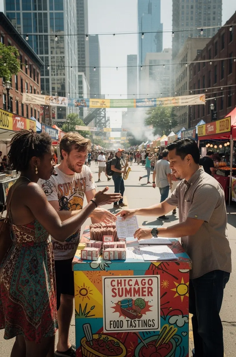 Продавец объясняет туристам преимущества покупки комбинированных билетов на фестивали.